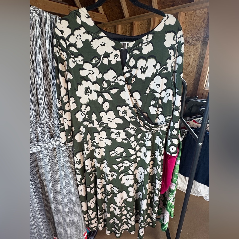 Sandra Darren Green and cream Floral Long Sleeve Dress
